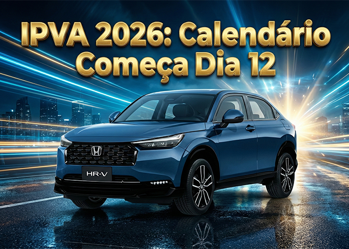 Imagem ilustrativa do IPVA 2026 em São Paulo, com um SUV azul em destaque e o texto “IPVA 2026: Calendário começa dia 12”, representando o início do pagamento do imposto conforme o final da placa do veículo.
