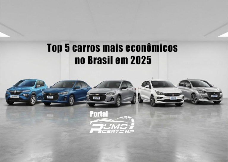 “Top 5 carros mais econômicos no Brasil em 2025”, mostrando cinco carros compactos e sedãs alinhados lado a lado em um estúdio branco, representando modelos populares e econômicos, com o logotipo do Portal Rumo Certo SP na parte inferior.