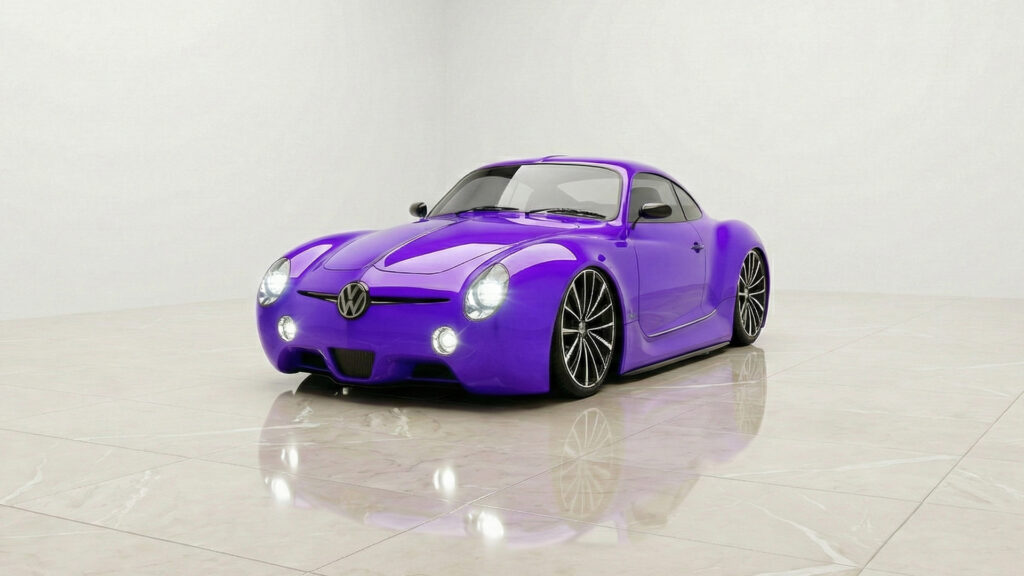 VW Karmann Ghia clássico recriado com inteligência artificial, em estúdio branco minimalista, pintura roxa exclusiva de alto brilho, rodas esportivas aro 19, suspensão baixa e design moderno que preserva as linhas originais do modelo.