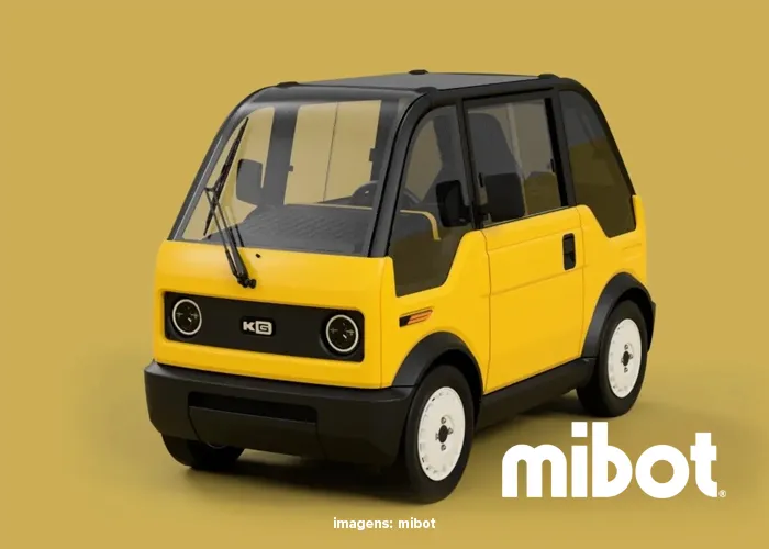 Mini carro elétrico japonês Mibot estacionado em ambiente urbano, veículo ultracompacto de um lugar, design moderno e fechado, desenvolvido para mobilidade urbana eficiente no Japão.