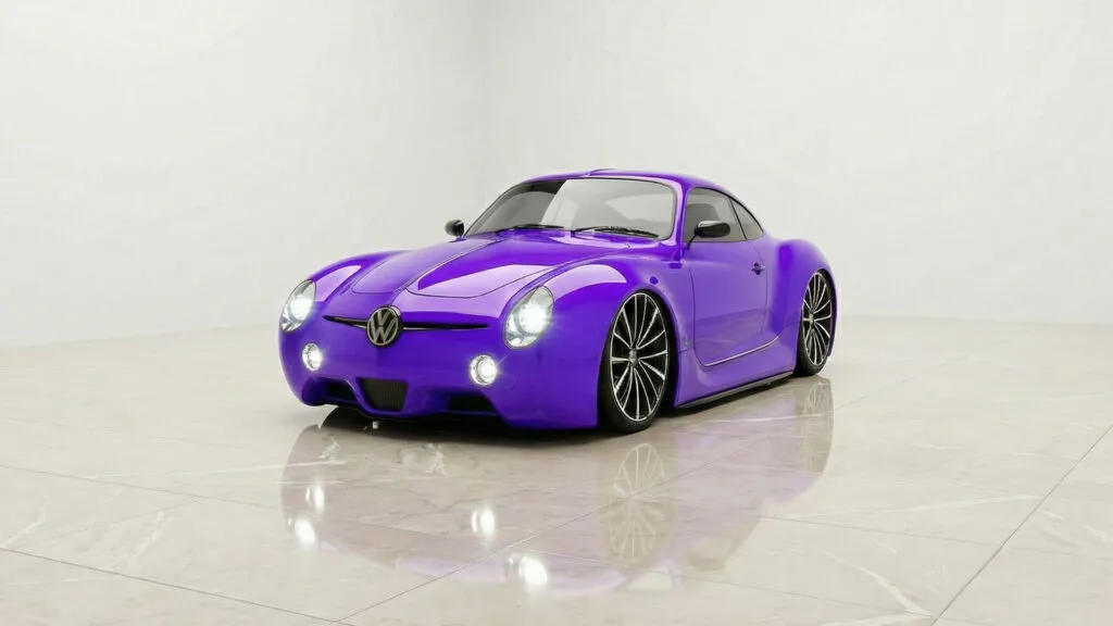 VW Karmann Ghia clássico recriado com inteligência artificial, em estúdio branco minimalista, pintura roxa exclusiva de alto brilho, rodas esportivas aro 19, suspensão baixa e design moderno que preserva as linhas originais do modelo.